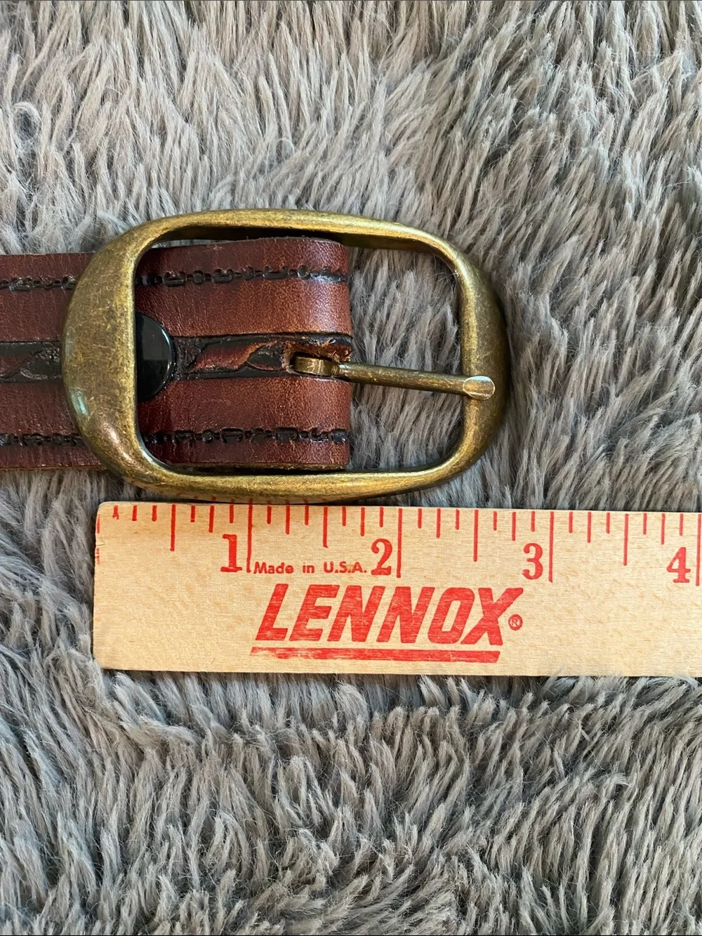 Vintage brown tooled leather belt 47” long 1.5” wide brass
